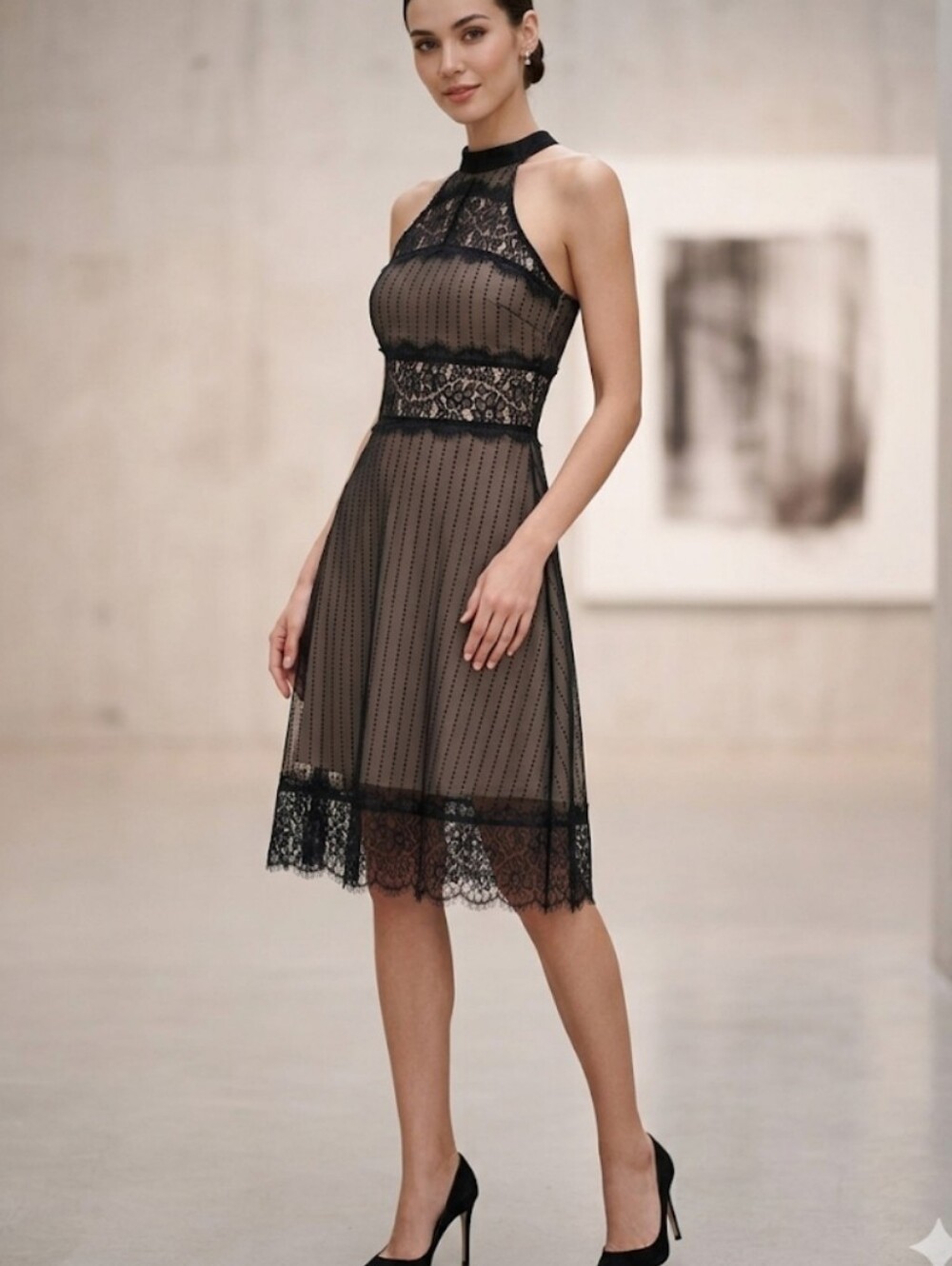 Keepsake Black Sheer Lace Overlay Halter Mini Dress Whimsy Goth Size M